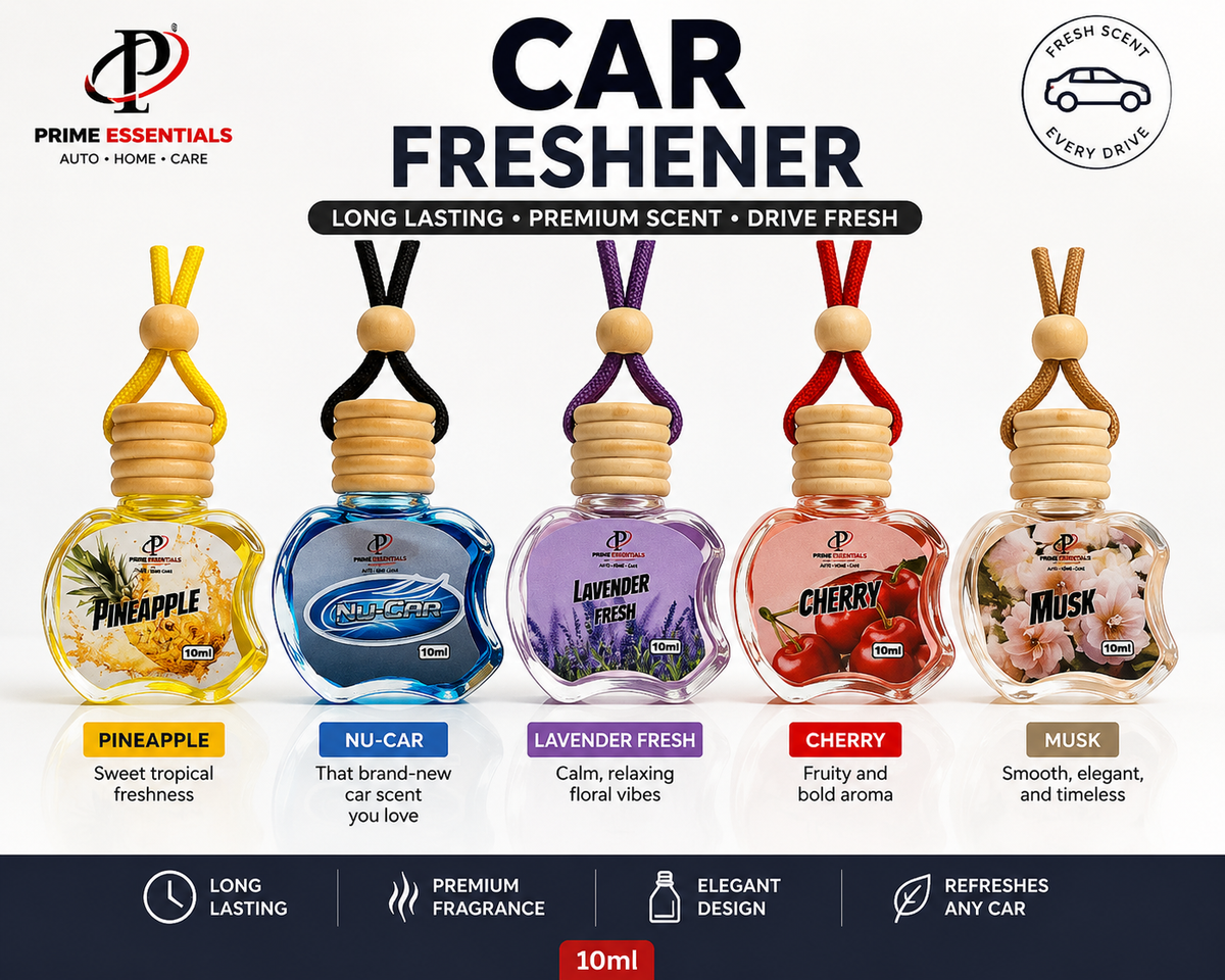 Prime Essentials 10ml Hanging Car Freshener – 5 fragrances: Pineapple, Nu-Car, Lavender Fresh, Cherry, Musk