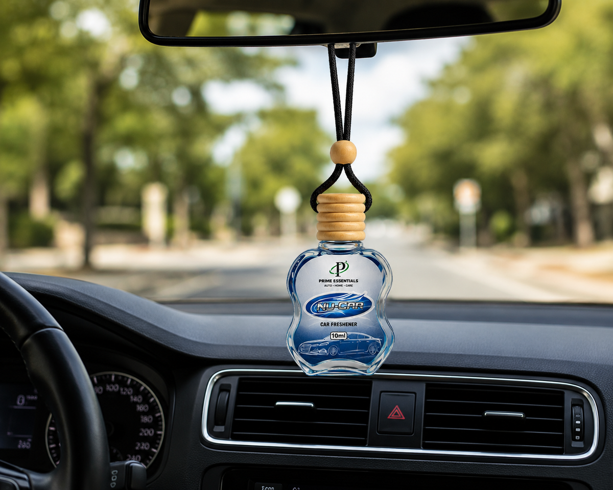 Prime Essentials Nu-Car Hanging Car Freshener hanging in vehicle interior
