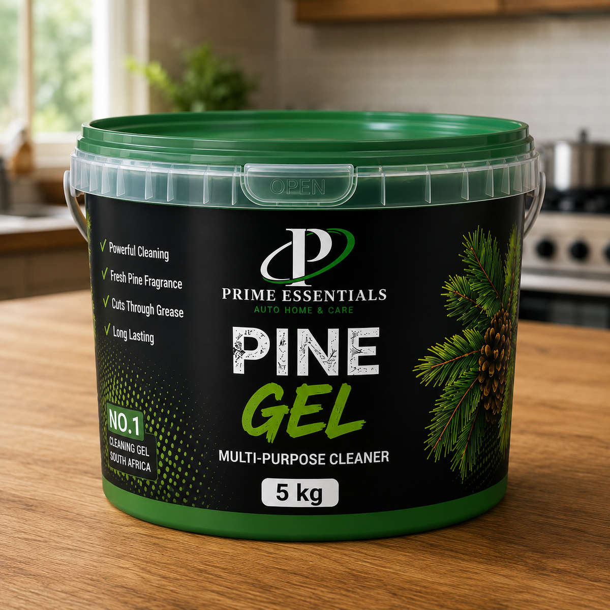 Prime Essentials Pine Gel Multi-Purpose Cleaner 5kg bulk tub on kitchen counter