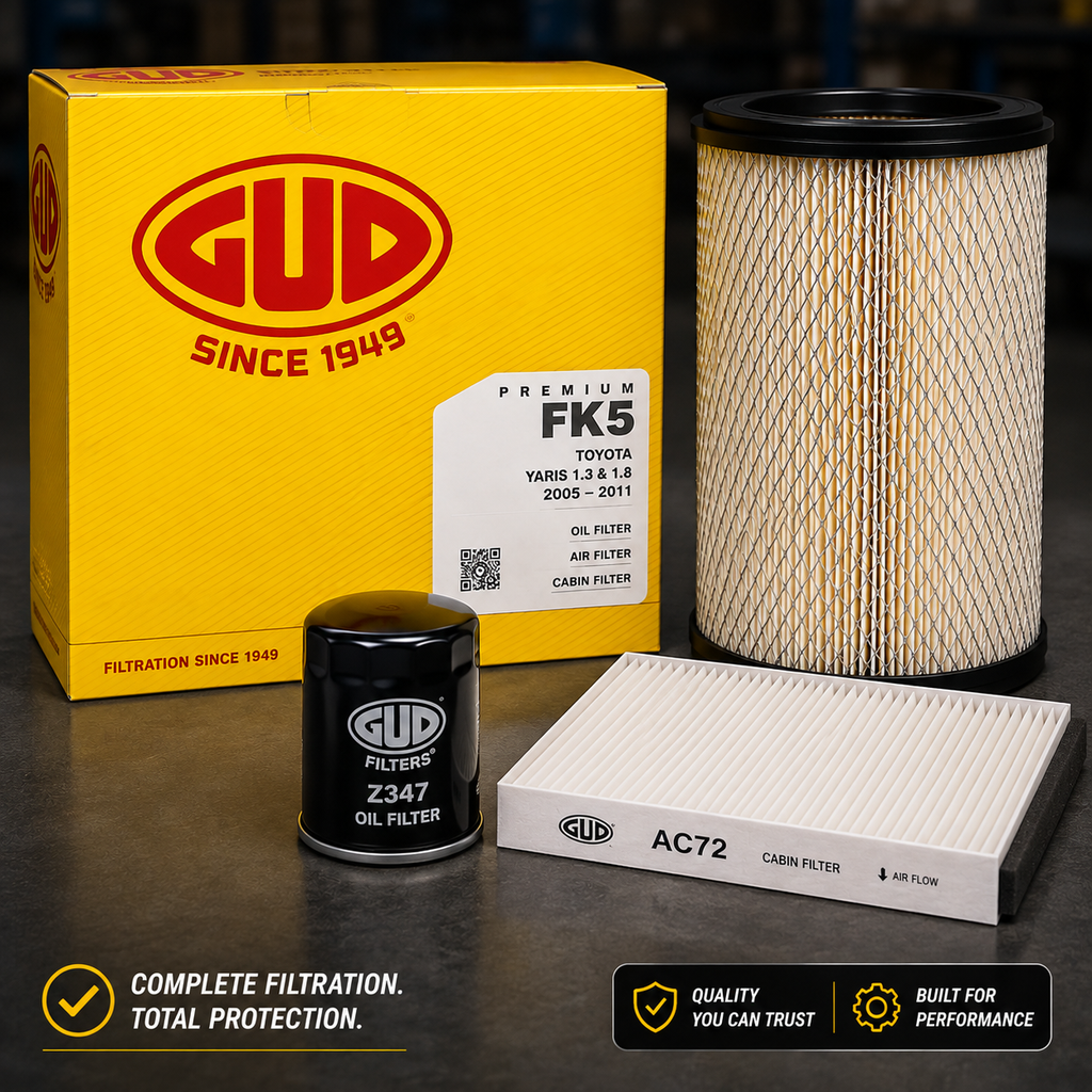 GUD FK5 Filter Kit – Toyota Yaris 1.3 & 1.8 2005–2011 box and filters
