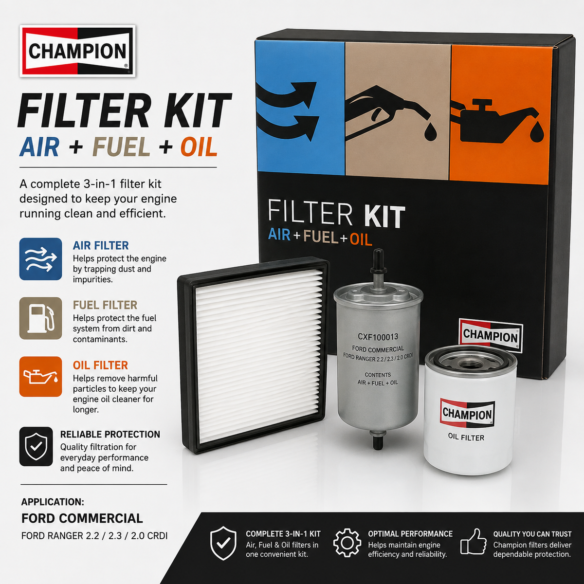 Champion CXF100013 Filter Kit – Ford Ranger Diesel filters laid out