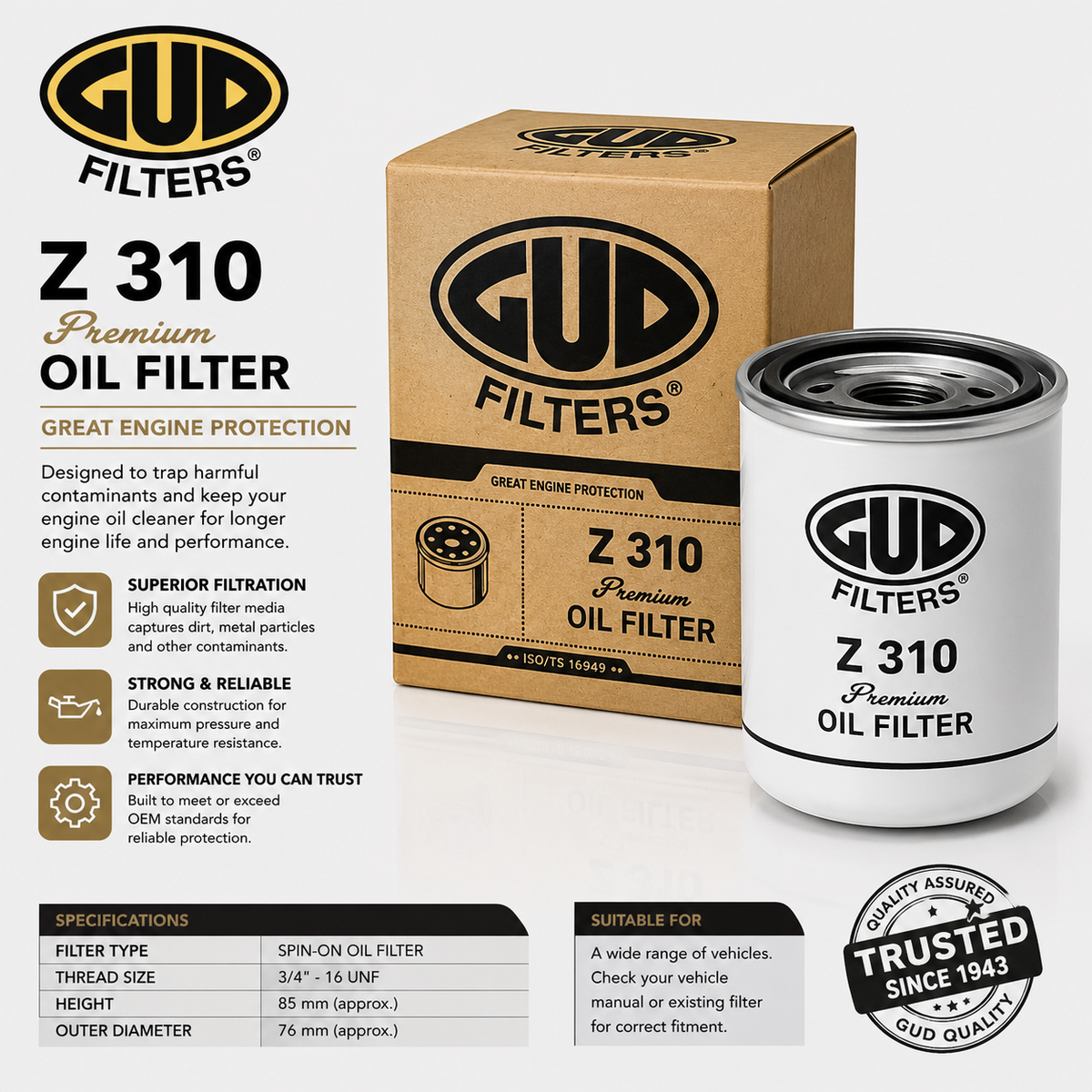 GUD Z310 Premium Oil Filter – product infographic with specifications