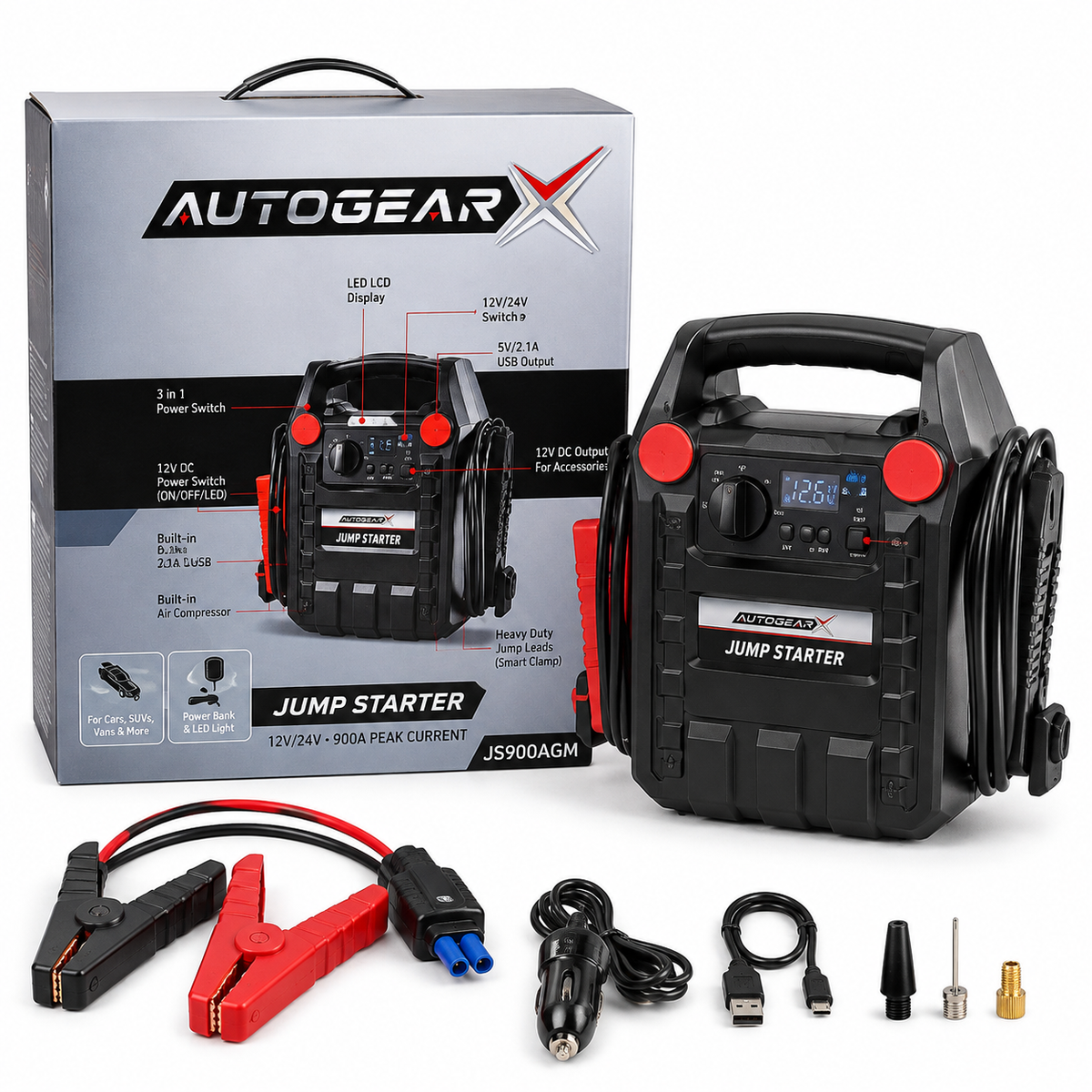 Auto Gear X JS900AGM Jump Starter 12V 24V 900A with jump leads and accessories