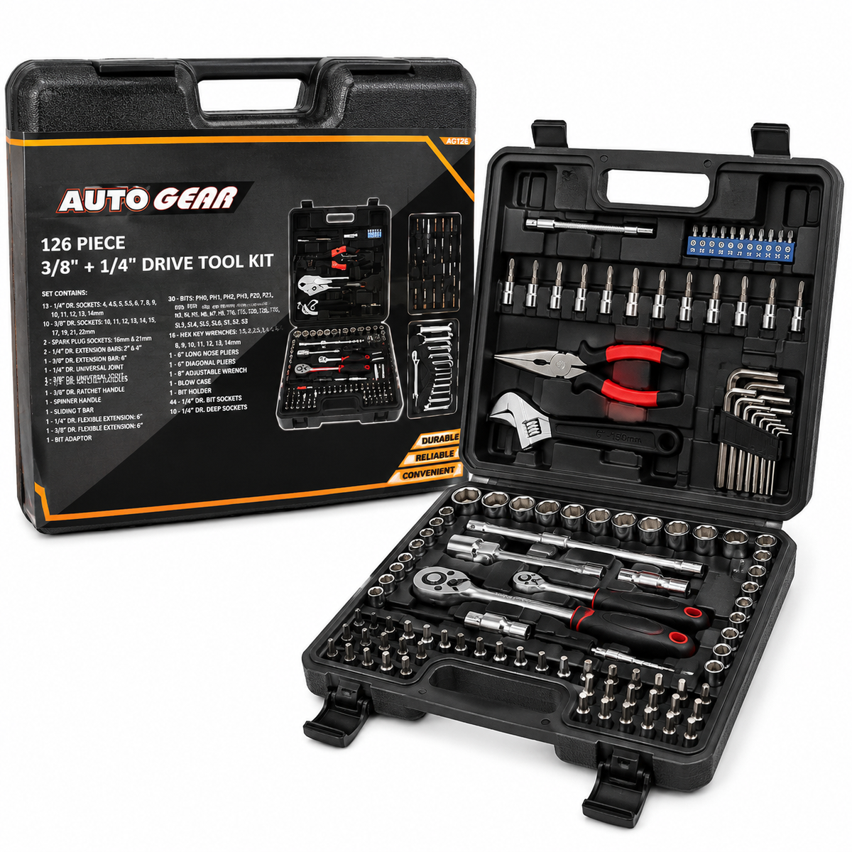 Auto Gear 126-Piece 3/8 and 1/4 Drive Tool Kit in organised hard carry case