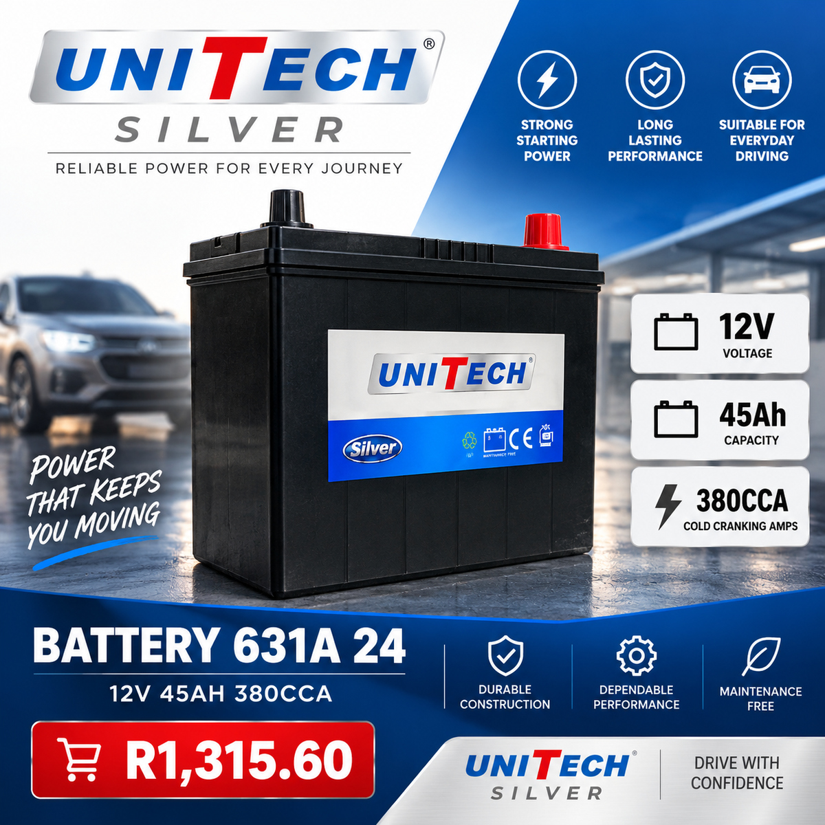 UniTech Silver 631A 24 Battery – 12V 45Ah 380CCA